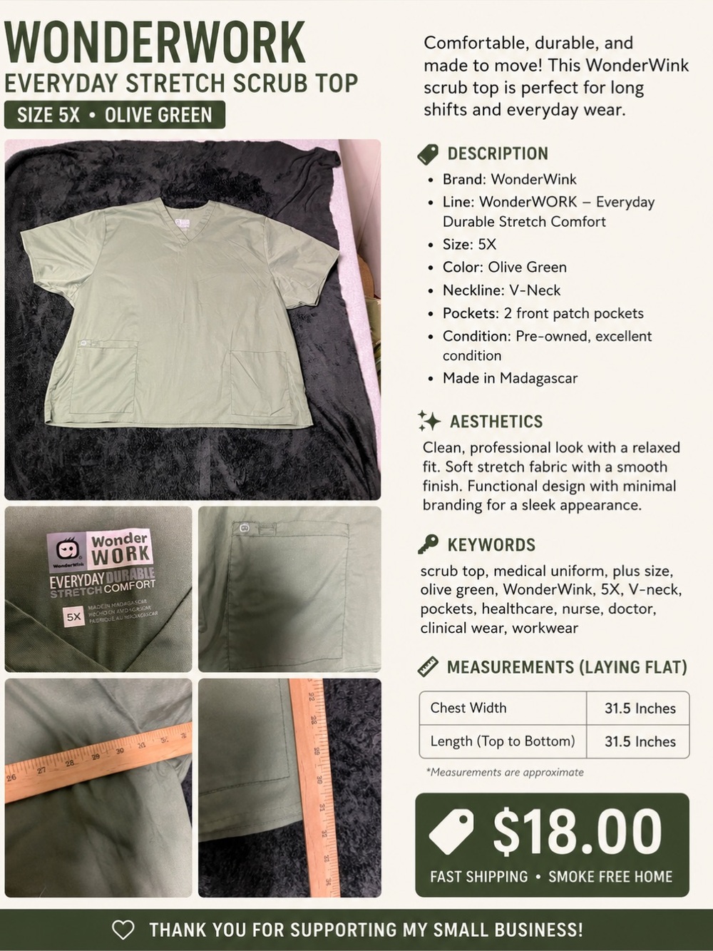 Wonder Work Olive Green V-Neck Short Sleeve Scrub Top